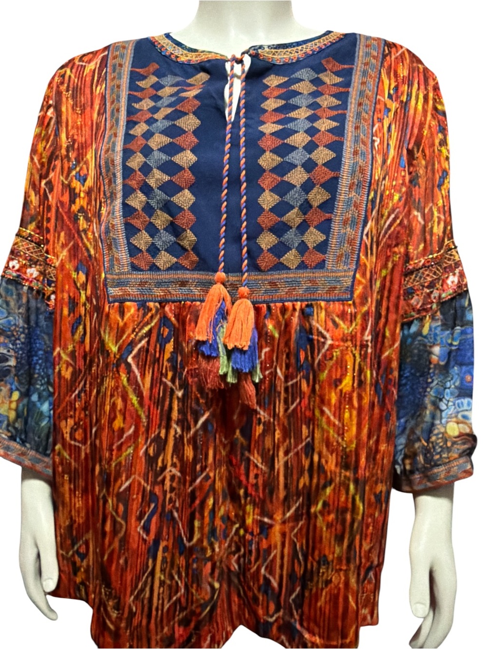 John Mark Autumn Hues Boho Tunic Top Plus 2X Ikat Print Embroidered Tassel Tie - Picture 7 of 13